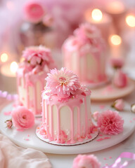 Wedding cakes decorated with pink flowers on the table - 795854496