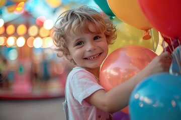 Smiling child holding a bunch of balloons at a theme park