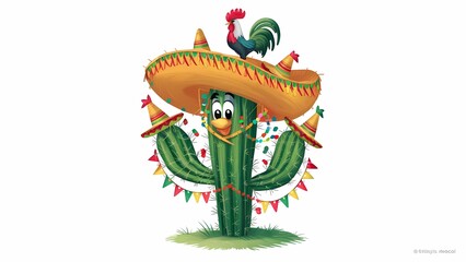 Cinco de mayo cactus wearing sombrero hat isolated on white background.