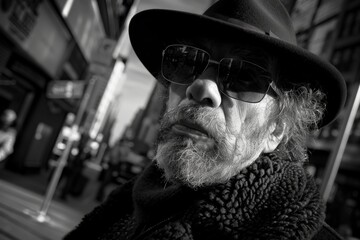 A man with a hat and sunglasses is sitting on a sidewalk