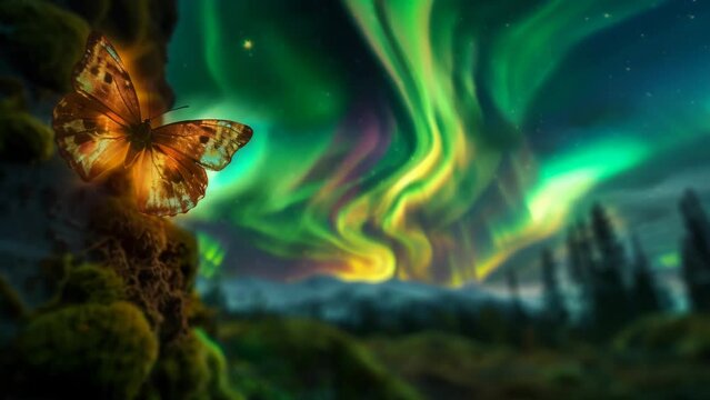 A luminous butterfly rests on a moss-covered tree trunk, its golden glow a beacon of tranquility amidst the vivid dance of aurora borealis in the night sky. 