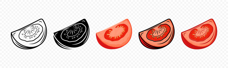 Flat Vector Fresh Quartered Tomato Icon Set Isolated. Tomato Design Template. Organic Tomato, Front View