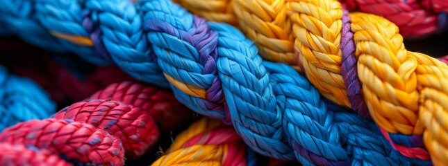 Closeup of colorful ropes and twines arranged in an intricate pattern. Intertwined ropes and straps.