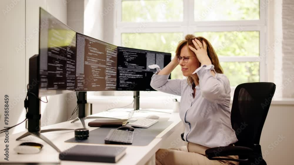 Aufkleber Unhappy Sad Developer Programmer Woman In Stress Coding Software
