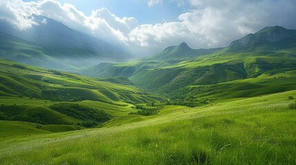 Valley with green hills and clouds