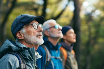 Group of senior people hiking in forest. Elderly people hiking in nature.