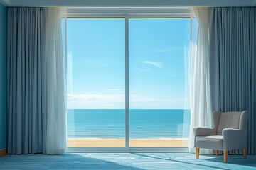 Panoramic windows in empty room with curtains and armchair with view on sea beach in sunny day.