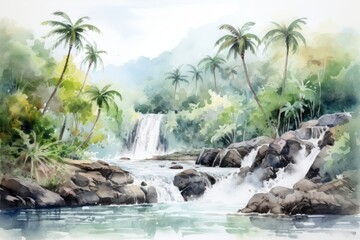 Fototapeta premium Watercolor of the tropical waterfall and river in jungle outdoors nature forest.