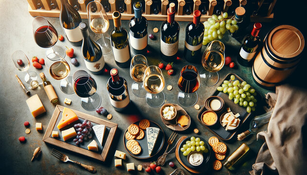 Top-down view of an Italian wine tasting setup, featuring various wines, glasses, and snacks like cheeses and grapes in a sophisticated setting