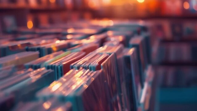 Softly blurred vinyl records stacked on shelves of a cozy record store create a dreamy atmosphere inviting listeners to slow down and lose themselves in the music. .