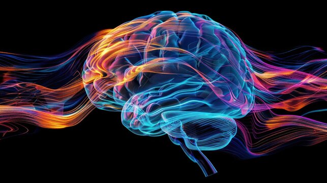An illustration of a human brain with a colorful, glowing wave flowing through it.