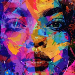 Colorful abstract portrait of a woman with paint splatters