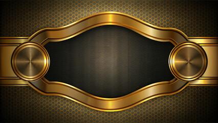 Metallic Golden Frame on Black Background: Square Vector Illustration with Button and Golden Texture for Web Design Template