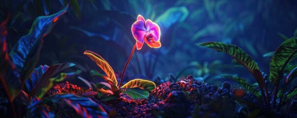 Fototapeta na wymiar Glowing neon orchid flower in a jungle at night