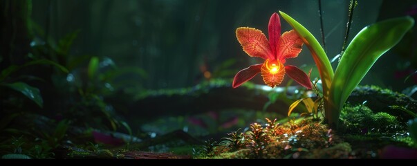 Glowing red flower in the middle of the jungle - obrazy, fototapety, plakaty