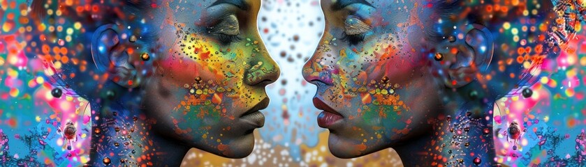 Two abstract portraits of a woman facing each other with colorful patterns on their faces