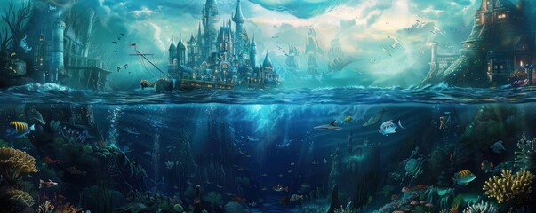Underwater view of a fantasy city with a castle