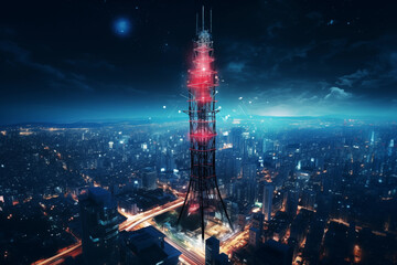 Wireless telecom antenna tower for 5G mobile network communication AI Generative