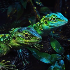 Obraz premium A beautiful photo of two bright green lizards on a branch with green leaves in the jungle at night.