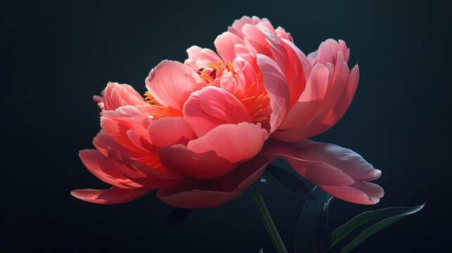 A beautiful pink peony flower in full bloom against a dark background.