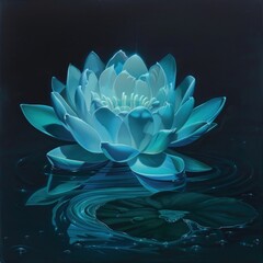 A blue water lily floats on the surface of a still pond, its petals glowing in the moonlight.