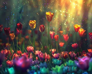 A field of tulips in bloom with a sprinkling of glitter and a bright light in the background.