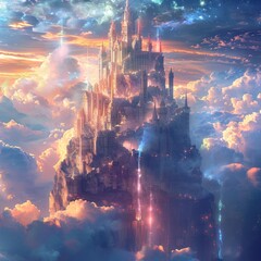 A digital painting of a fantasy castle floating in the sky above a sea of clouds.