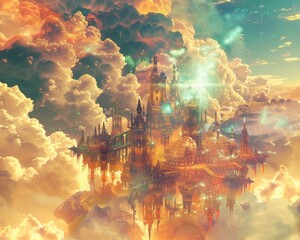 A floating city in the sky with clouds and light rays shining down.