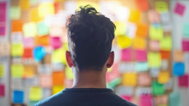 A blurred background of a man standing in front of a large bulletin board filled with colorful notes representing his active involvement in personal development workshops and seminars. .