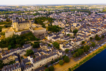 Aerial view of the city of Saumur and medieval castle Saumur on the banks of the Loire river. France