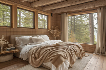 Serene minimalist bedroom in Canadian rustic cabin with earthy palette and natural wood, bathed in morning light for a tranquil ambiance.