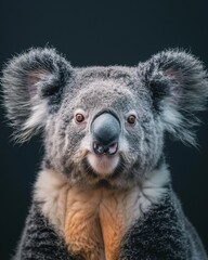 Adorable baby wild koala with rim lighting close-up against dark background in natural habitat
