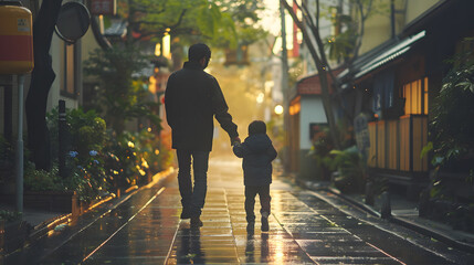 a man and a child are walking down a wet street holding hands
