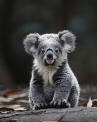 Naklejka na ściany i meble Adorable baby wild koala with rim lighting close-up against dark background in natural habitat