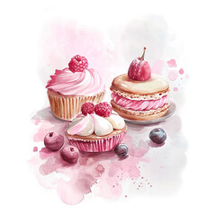Cupcakes with berries. Watercolor hand drawn illustration on white background