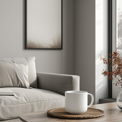 Fototapeta na wymiar white mug mockup in living room setting