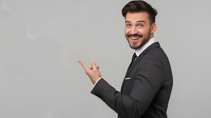 smiling businessman pointing to side and showing empty space on white background, wearing suit, looking at camera, portrait shot, isolated, copy room. generative AI