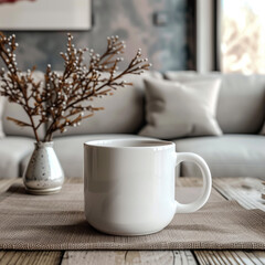 Obraz na płótnie Canvas White mug on table and modern room background. Blank drink cup for your design. Can put text, image, and logo.