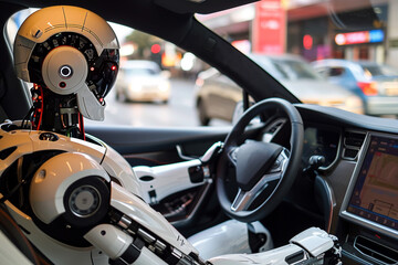 robot sitting as a driver in a modern car, blurred background. Artificial intelect in future life. AI Generated	