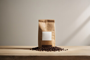 A coffee concept prepared for mockup, with a kraft coffee package with a white label on a light wooden table
