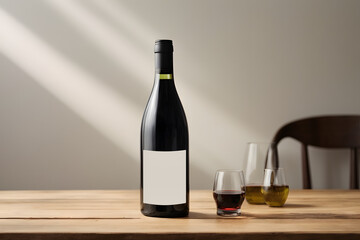 Fototapeta premium Wine concept created for mockup, focused on wine bottle with white label on it