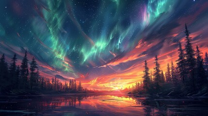 Fototapeta premium Background illustration of a night sky with a fantastic aurora --ar 16:9 --stylize 750 Job ID: 3c24aa98-a1d8-418d-864f-a65481030bbe