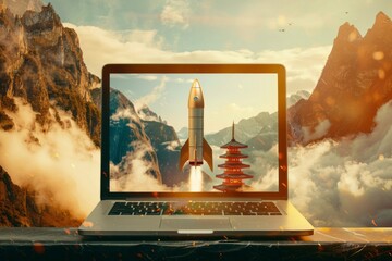 laptop with fat rocket coming out of the screen - obrazy, fototapety, plakaty