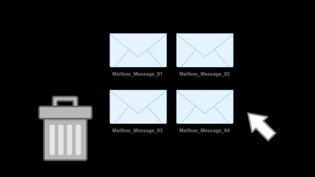 video animation computer mailbox message deleted in a trash bin digital software, on a transparent background with zero alpha channel
