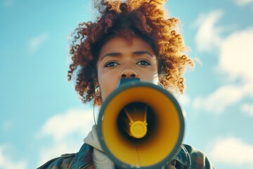 Young african american woman using megaphone photo day performance.