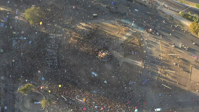 SANTIAGO, CHILE - March 08, 2021 Aerial shot of hundreds of women demonstrate