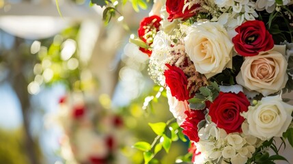 Close-up of red and white wedding bouquet