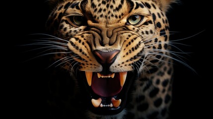 The razor-sharp teeth of a leopard in striking detail against a 4K black background.