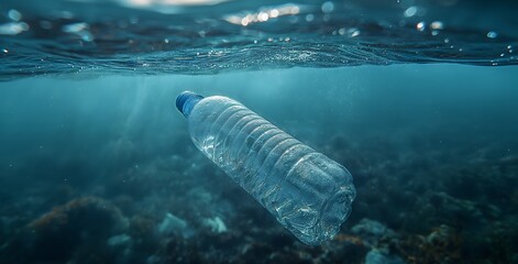 A plastic bottle floating above sea level, pollution of the sea