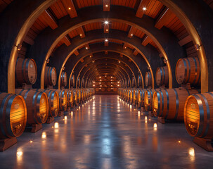 A tunnel filled with thousands of cunches of wine barrels